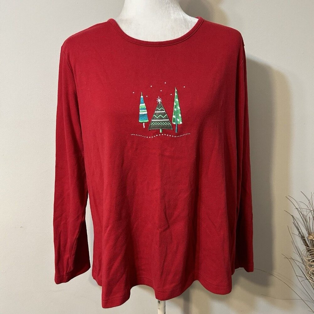 Croft & Barrow Women Red Long Sleeve T-shirt Embroidery Christmas Trees Size 1X